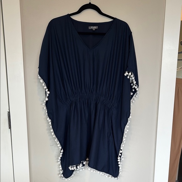 Chic Navy Poncho with Pom Pom Trim - Picture 1 of 5